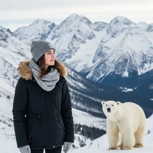 18-Year-Old Polish Girl in Tatra Mountains | Serene Winter Scene with Polar Bear