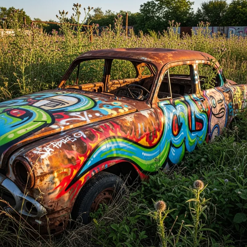 Vibrant Graffiti on Rusty Car Among Weeds Vibrant Graffiti on Rusty Car Among Weeds