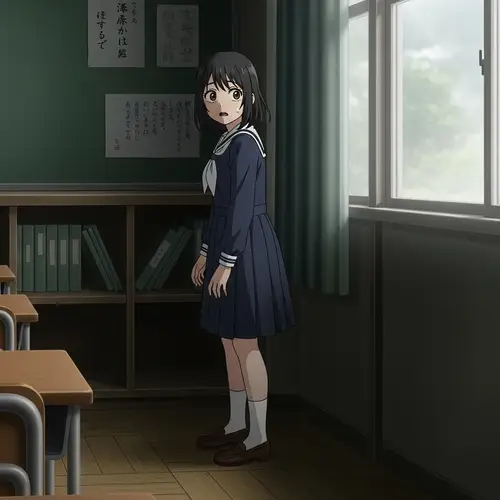 Japanese Girl in Navy Blue Dress | Supernatural Classroom Scene