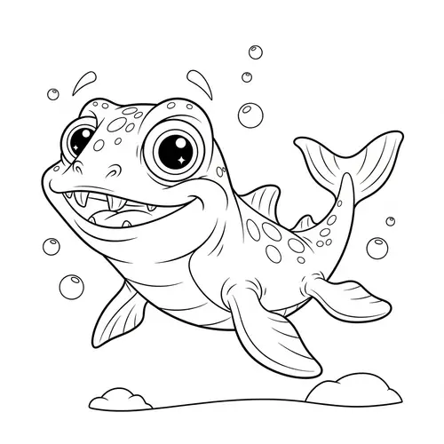 Cute and Funny Black and White Mosasaur Coloring Book Page