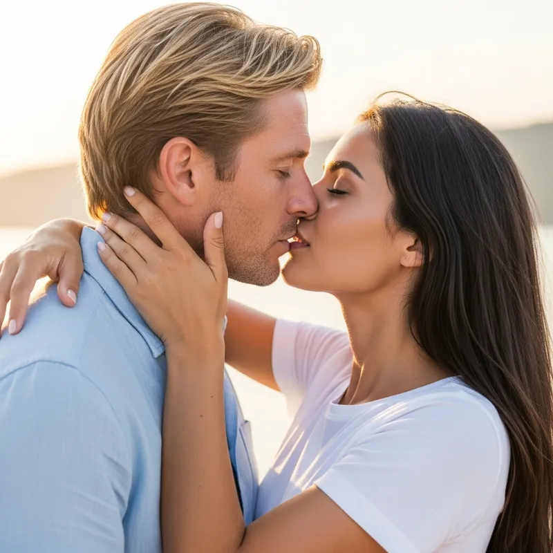 Passionate Love: Blonde Man, 40, Embracing Beautiful Woman, 30, with Long Dark Hair