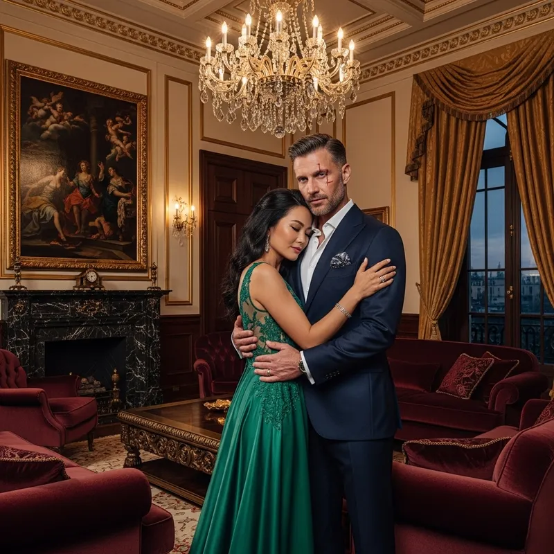 Luxurious Mafia Men Hugging Wife in Stylish Setting