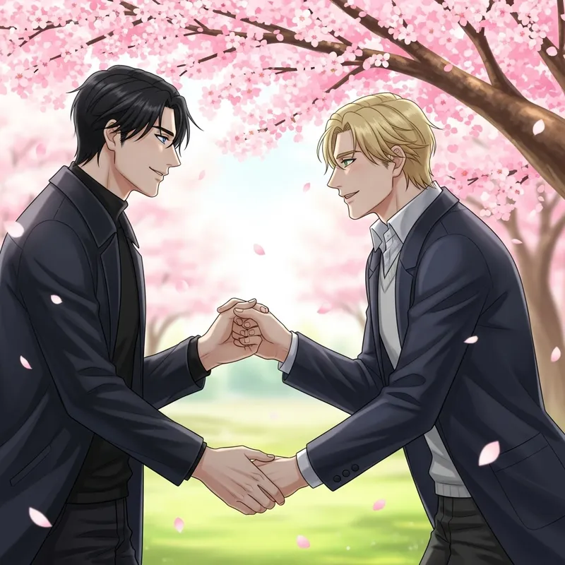 Yaoi Romantic Scene in Park: Black & Blue vs. Blonde & Green Eyes