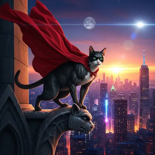 Superhero Cat in a Vibrant City