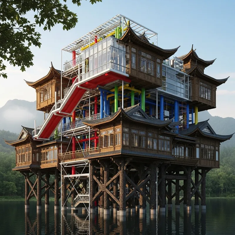 Pompidou Centre & Chinese Stilt Houses Fusion - Architecture
