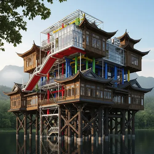 Pompidou Centre & Chinese Stilt Houses Fusion