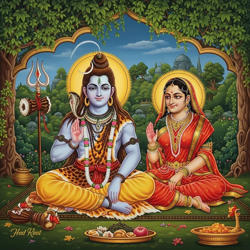 Divine Depiction of Lord Shiva & Maa Parvati in Vibrant Traditional Art