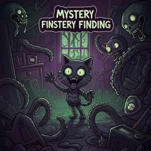 Spooky Mystery Finding Game Scene with Cartoon Cat and Tentacles