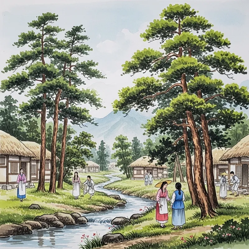 Tranquil Korean Watercolor: Village Trees & Streaming Life