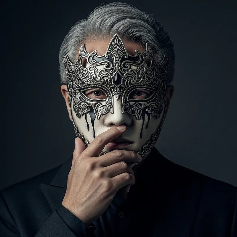 Emotionally Charged Asian Man Concealed Behind Detailed Mask in Dimly Lit Room