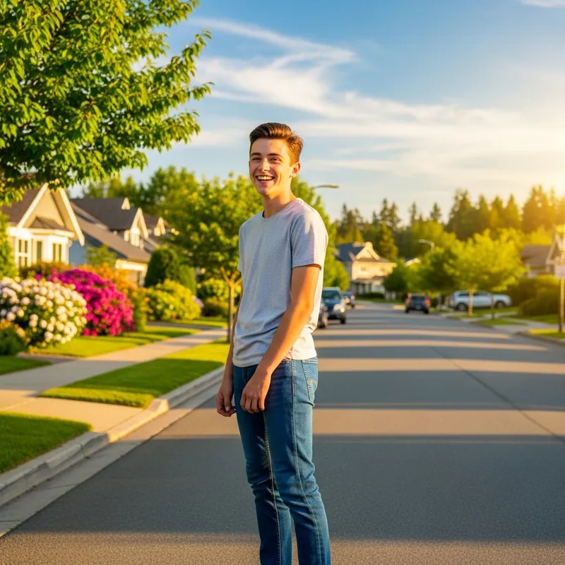 Skinny Boy in Colorful Suburban Street