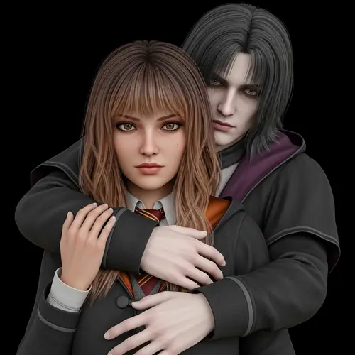 Beautiful Female with Brown Eyes and Chestnut Hair Embraced by Mysterious Man