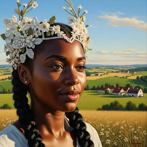 Realistic Painting of Black Woman with Braided Hair in Peaceful Country Landscape