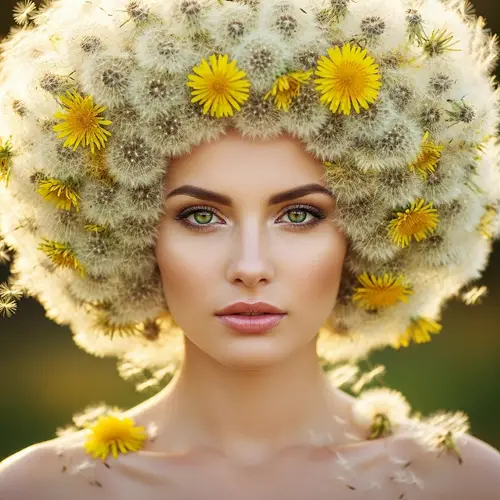 Unique Blonde Woman with Dandelion Hair | Enchanting Green Eyes