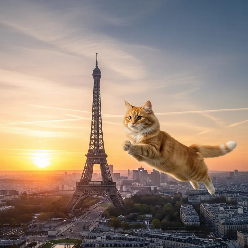 Cat Flying Over the Eiffel Tower - A Whimsical View