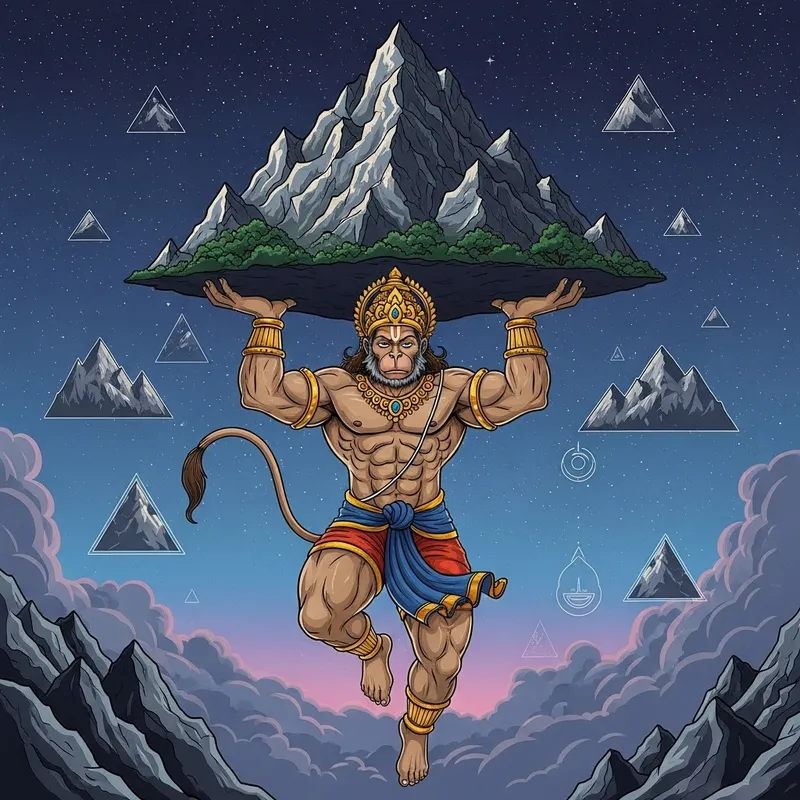 Flying Lord Hanuman Carrying Mountain Illustration