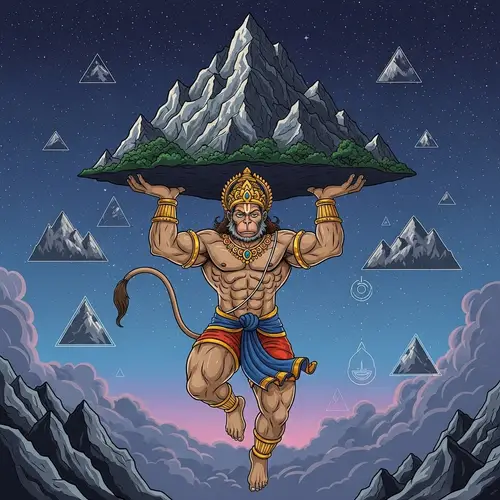 Mythical Flying Lord Hanuman with Majestic Mountain