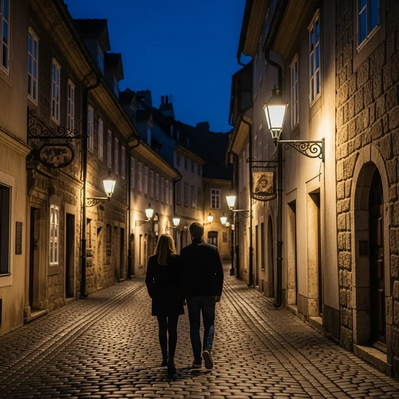 Enchanting Night Stroll: Modern Couple in Historic City Enchanting Night Stroll: Modern Couple in Historic City