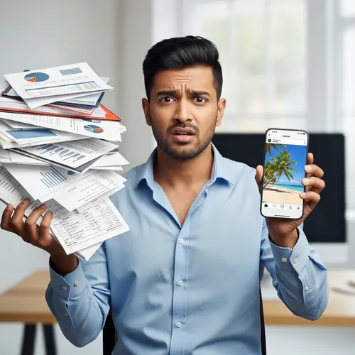 Confused South Asian Entrepreneur Juggling Business Documents & Smartphone | Website