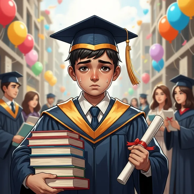 Stressed Young Boy Graduating University - Striking Scene Stressed Young Boy Graduating University - Striking Scene