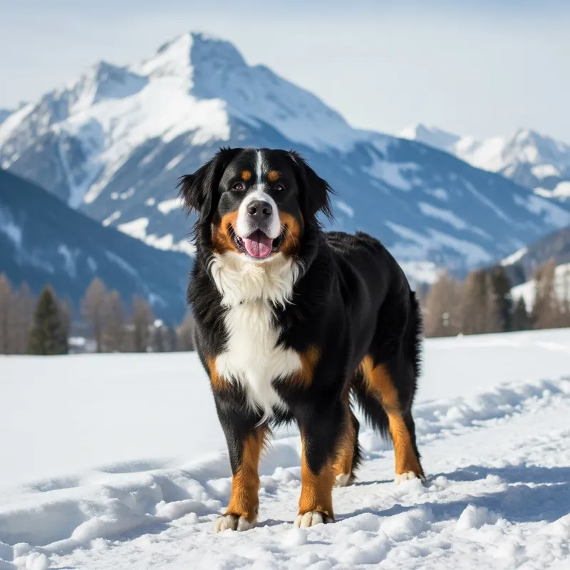 Majestic Bernese Mountain Dog in Snowy Swiss Landscape
