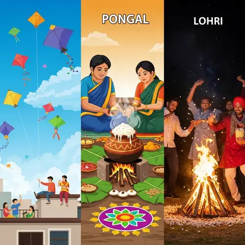 Indian Harvest Festivals: Makar Sankranti, Pongal, Lohri - Celebratory Illustration