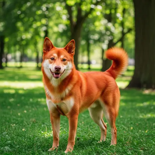 Vibrant Red Dog in a Lush Green Park | Outdoor Scene