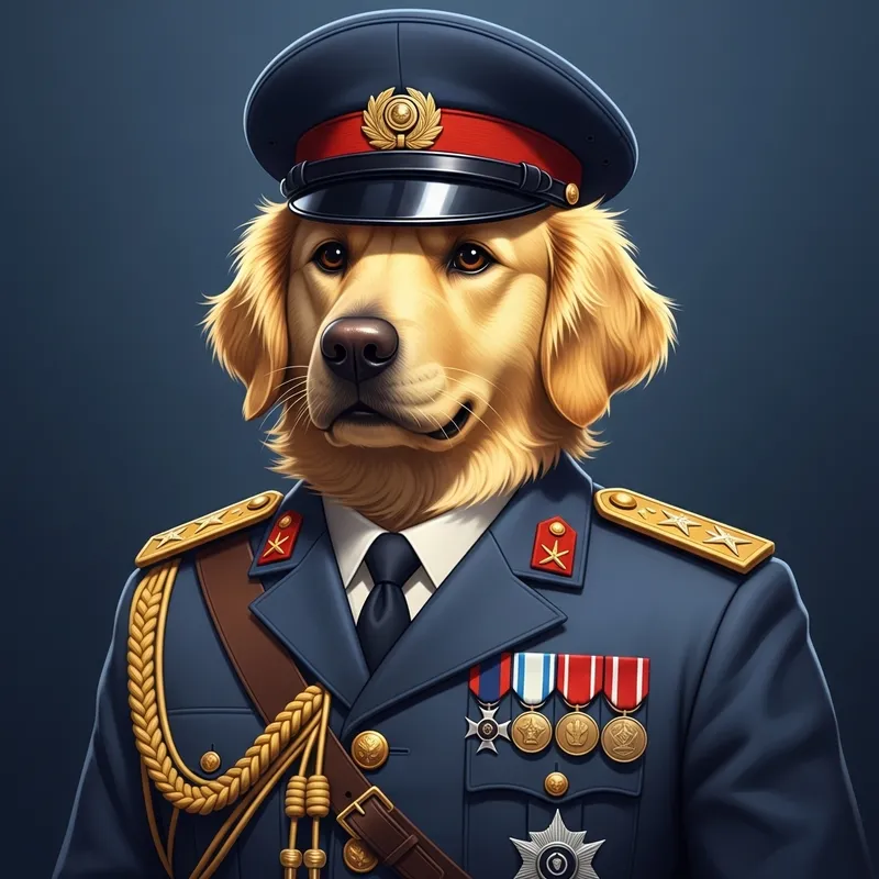 Golden Retriever Military Portrait with Detailed Uniform