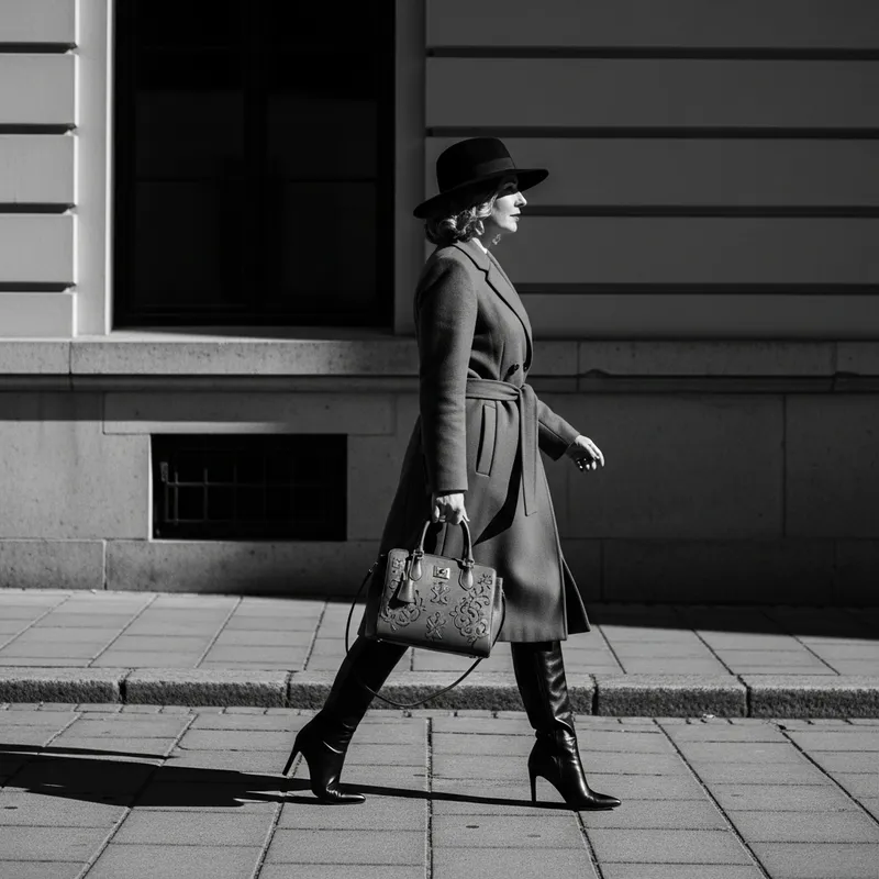 Chic Woman Striding in Luxurious Black and White Fashion