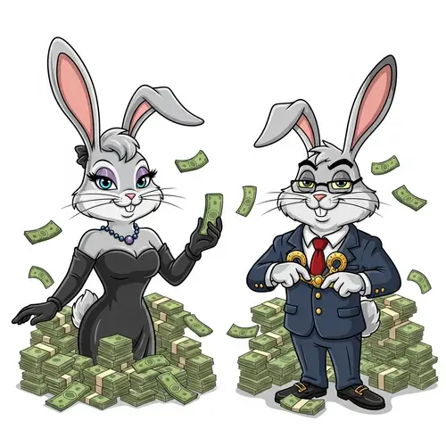 Elegant & Witty Anthropomorphic Rabbits Surrounded by Currency