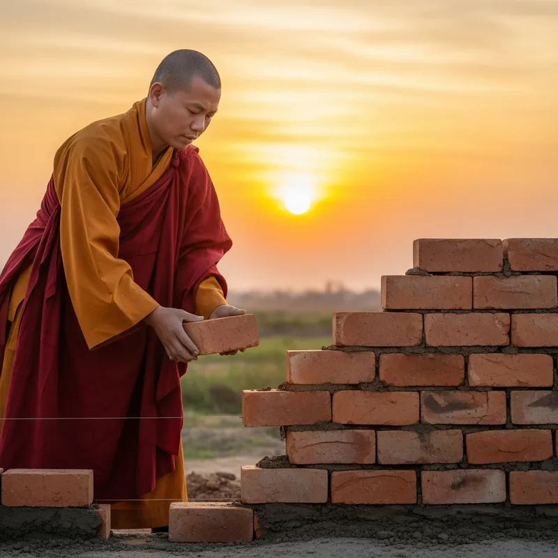 Buddhist Monk Building Brick Wall