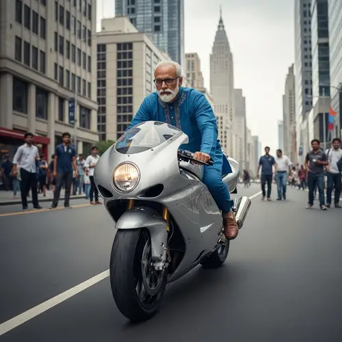 Middle-Aged Indian Man Riding High-Speed Superbike in Busy City Street