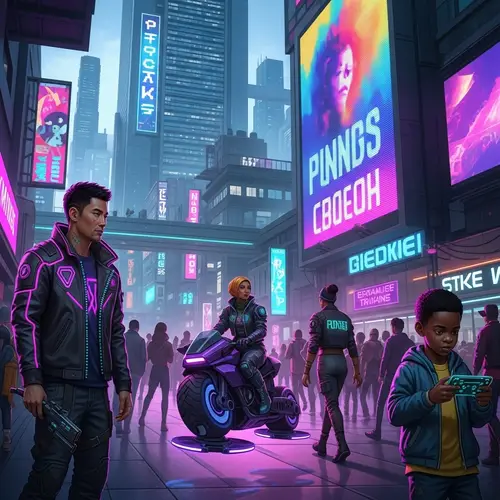 Vibrant Cyberpunk City: People & Neon Art