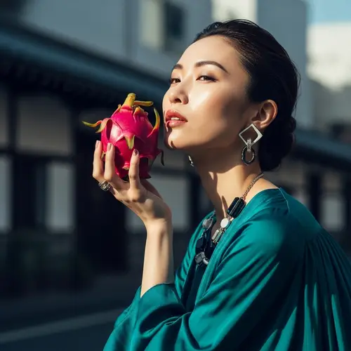 Stylish Japanese Woman with Exotic Fruit | Fashion Photography