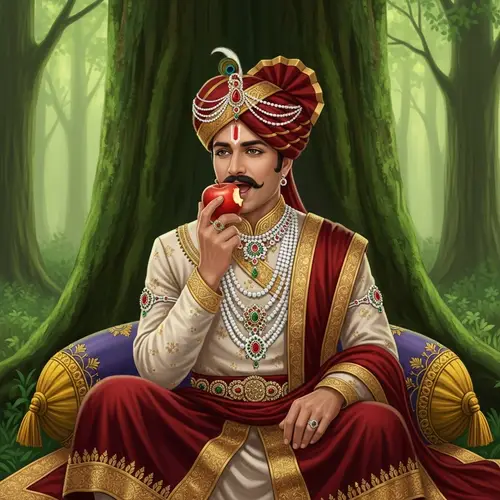Majestic Maharaja Enjoying Red Apple in Lush Green Forest