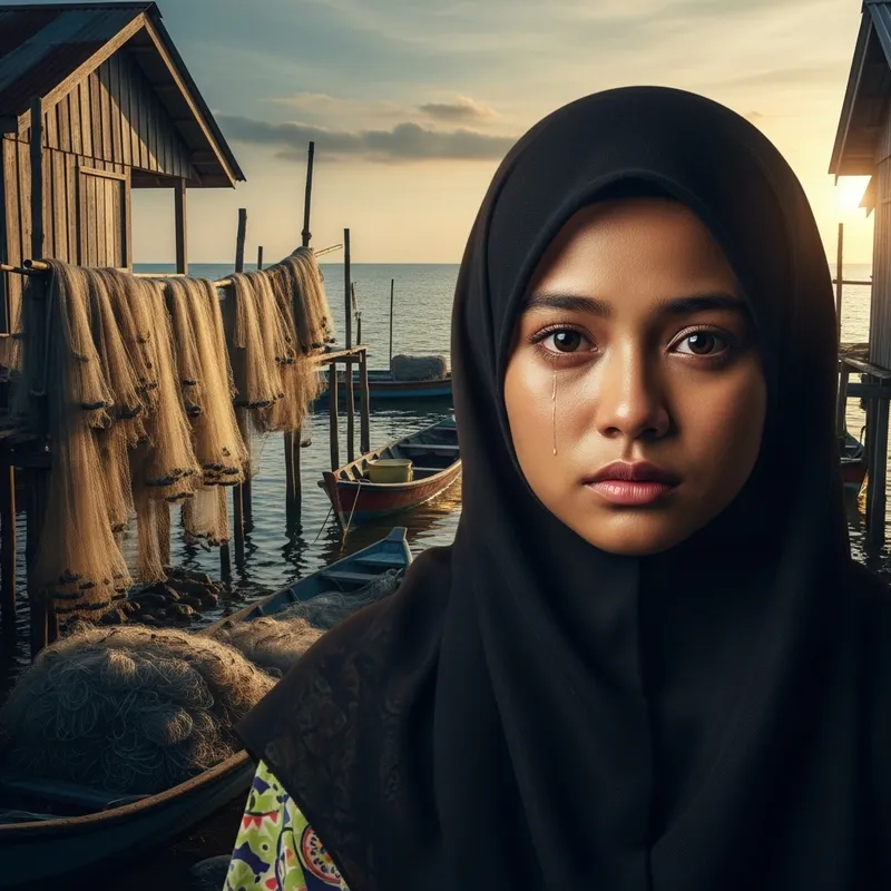 Poor Malay Girl in Fisherman Village - Expressive Sadness Poor Malay Girl in Fisherman Village - Expressive Sadness