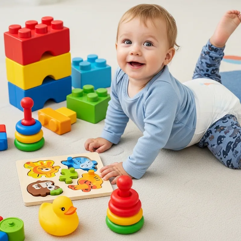 Adorable Toddler in Soft & Flexible Diapers with Colorful Toys