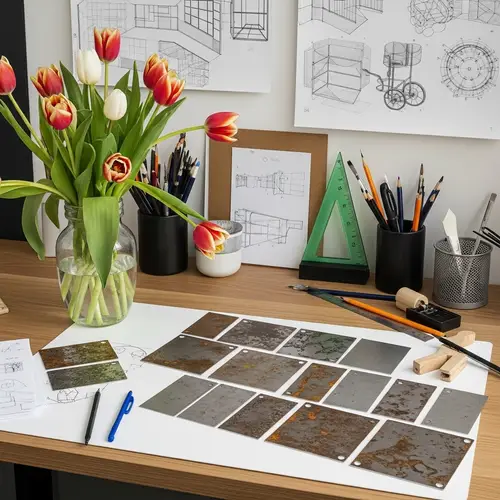 Designer's Workspace: Tulips & Rusty Metal Samples