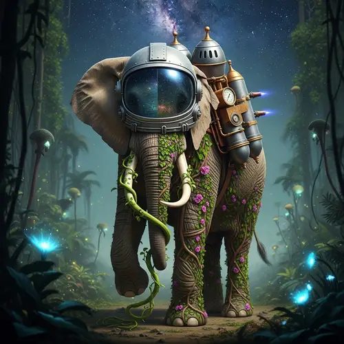 Interstellar Elephant with Half-Plant Body and Jetpack Helmet
