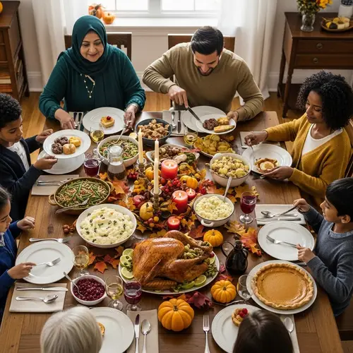 Diverse American Thanksgiving Celebration with Traditional Feast