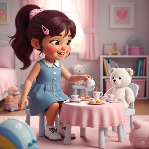 Anime 3D Digital Drawing of 7-Year-Old Girl Tea Party Scene