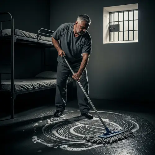 Middle-Aged Prisoner Cleaning Jail Cell | Strong & Determined