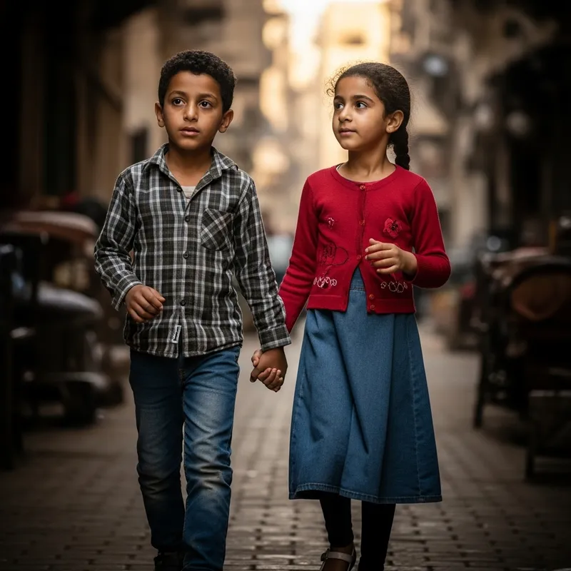 Dramatic Cairo Street Scene: Children Strolling Amid Shadows