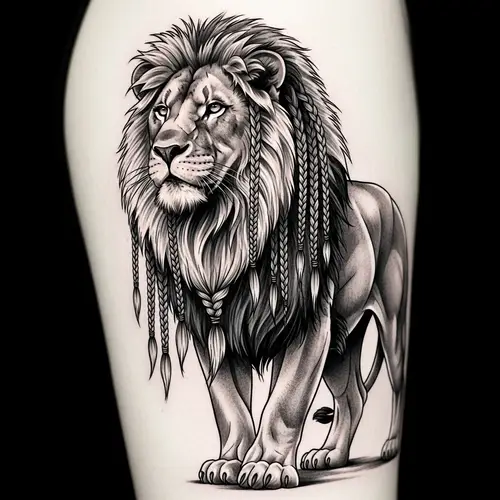 Majestic Lion Tattoo Design with Braids - Symbol of Strength