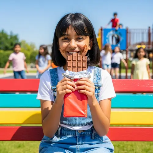 Delighted South Asian girl enjoying a chocolate bar in the park