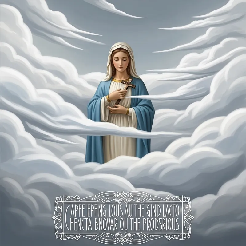 Caucasian Woman Mary Statue in Heavenly Clouds