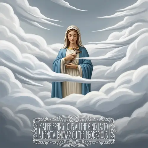 Caucasian Woman Mary Statue with Cross in Clouds