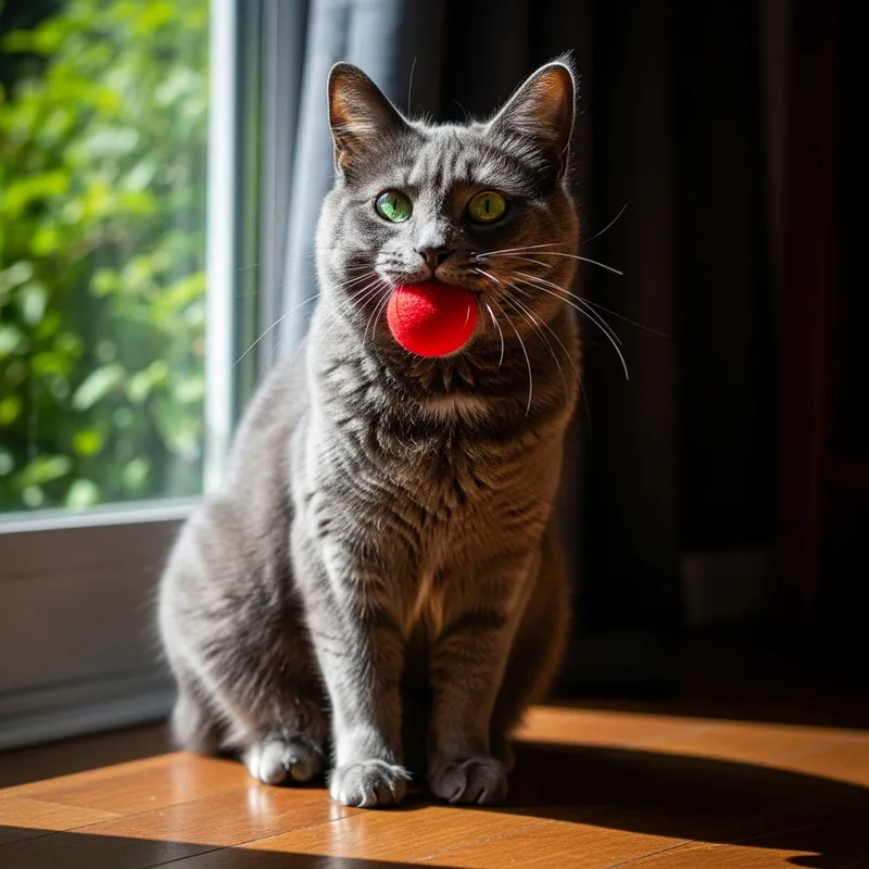 Cute Grey Cat Playing with Bright Red Ball Cute Grey Cat Playing with Bright Red Ball