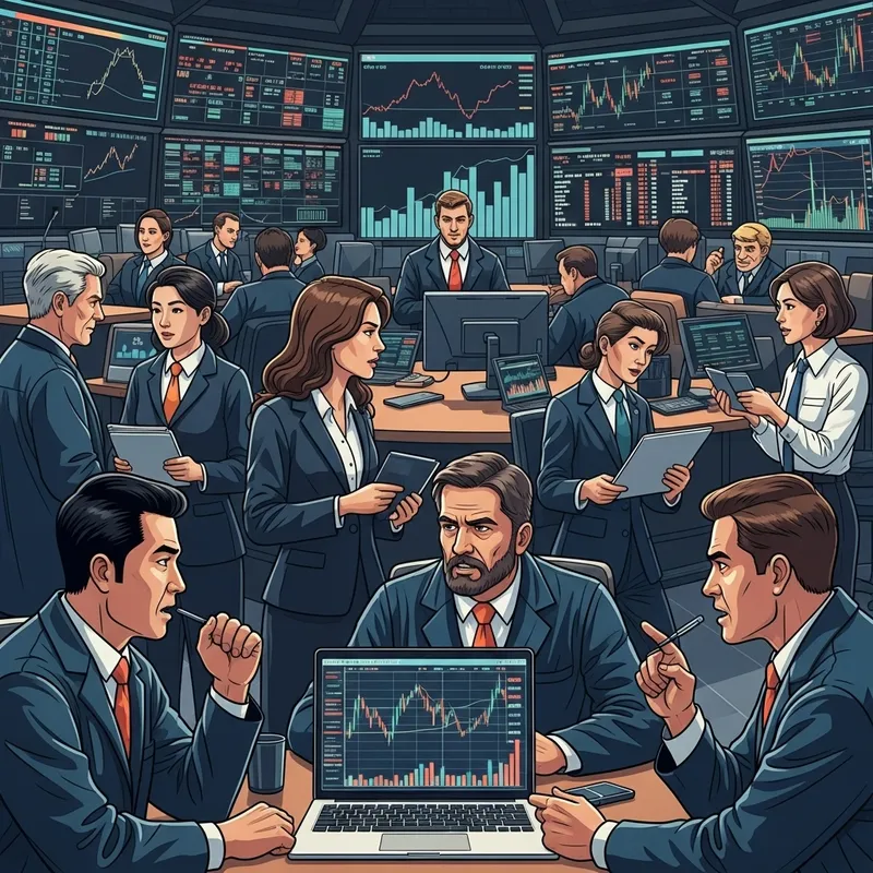 Stock Market Scene with Traders and Electronic Graphs