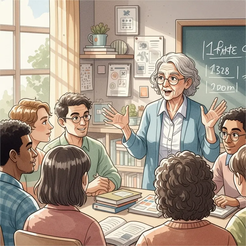 Captivating Watercolor Painting of Elderly Teacher and Diverse Adult Learners